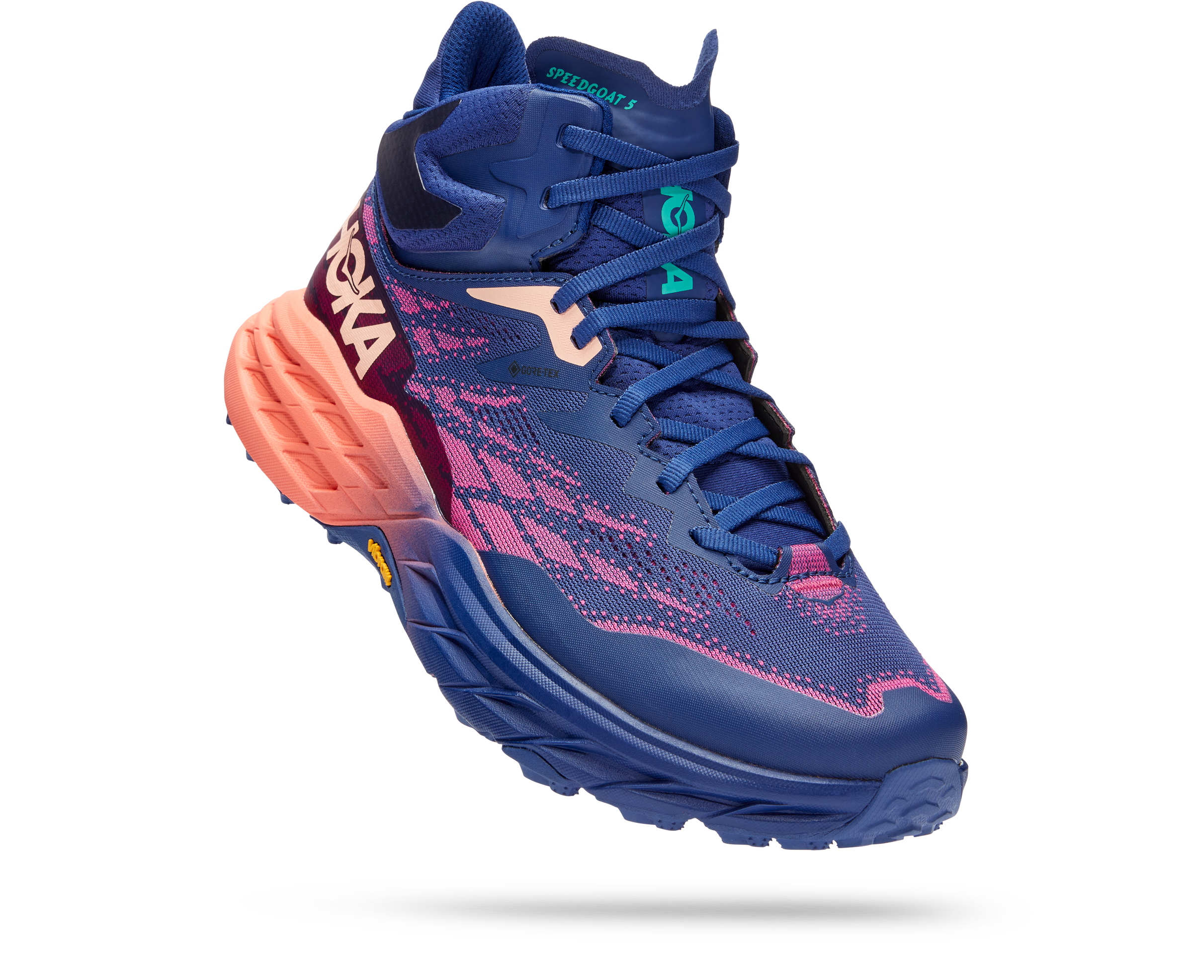 HOKA Women's Speedgoat 5 Mid GORE-TEX Hiking Shoes in Bellwether Blue/Camellia - 1127919-BBCML