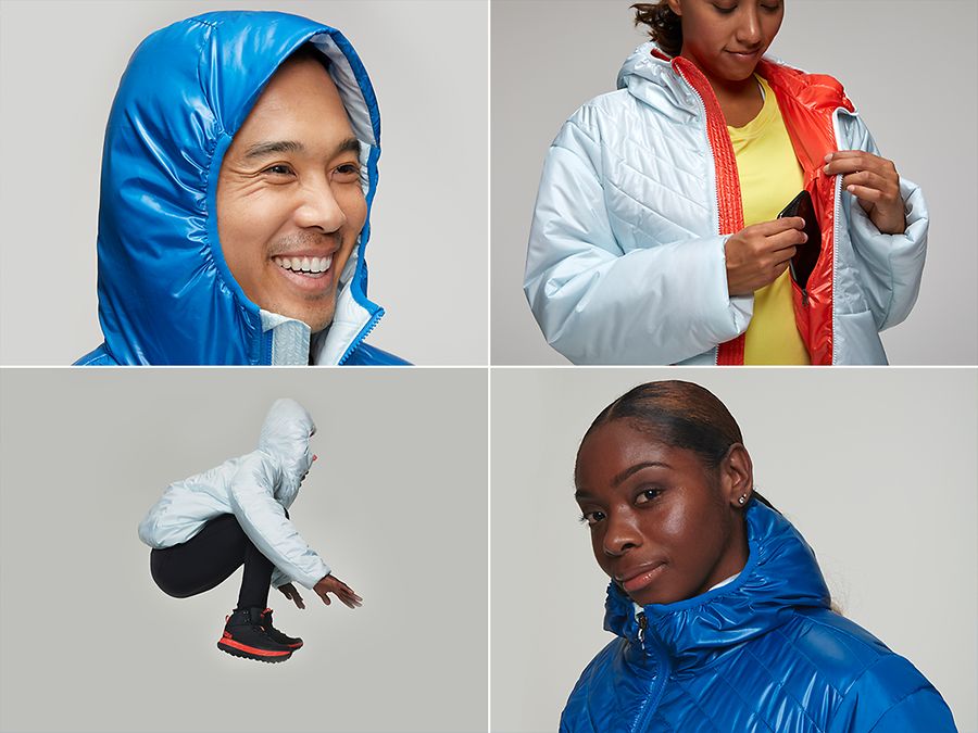 Four Images of people wearing the HOKA Puffy Jacket