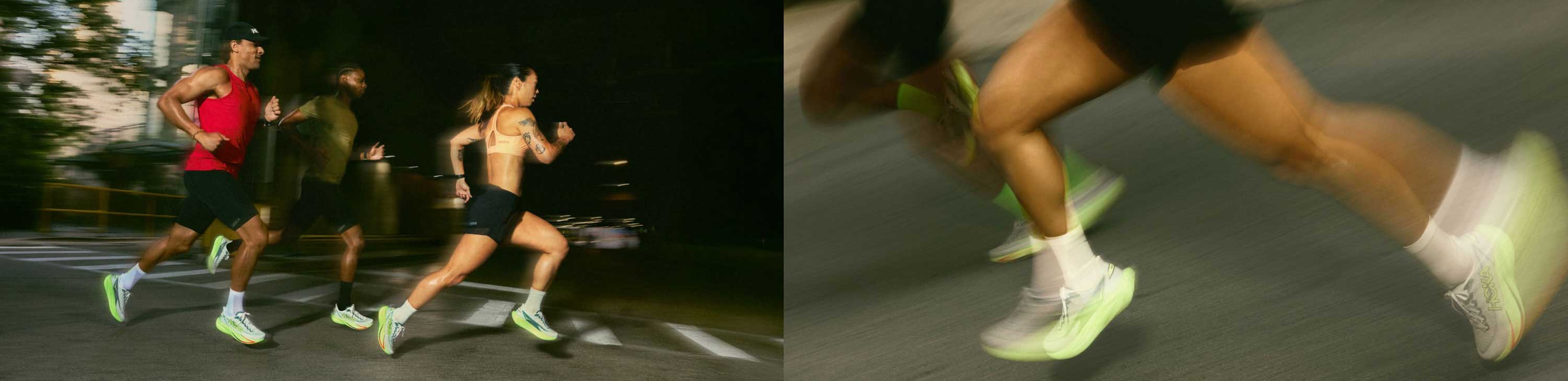 Collage d’images mettant en scène la Mach en gros plan et portée par des coureurs de rue.