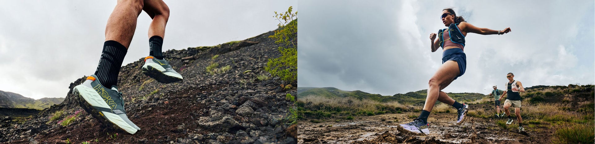 Collage d’images montrant les chaussures HOKA Speedgoat en gros plan et portées par les randonneurs sur le sentier.