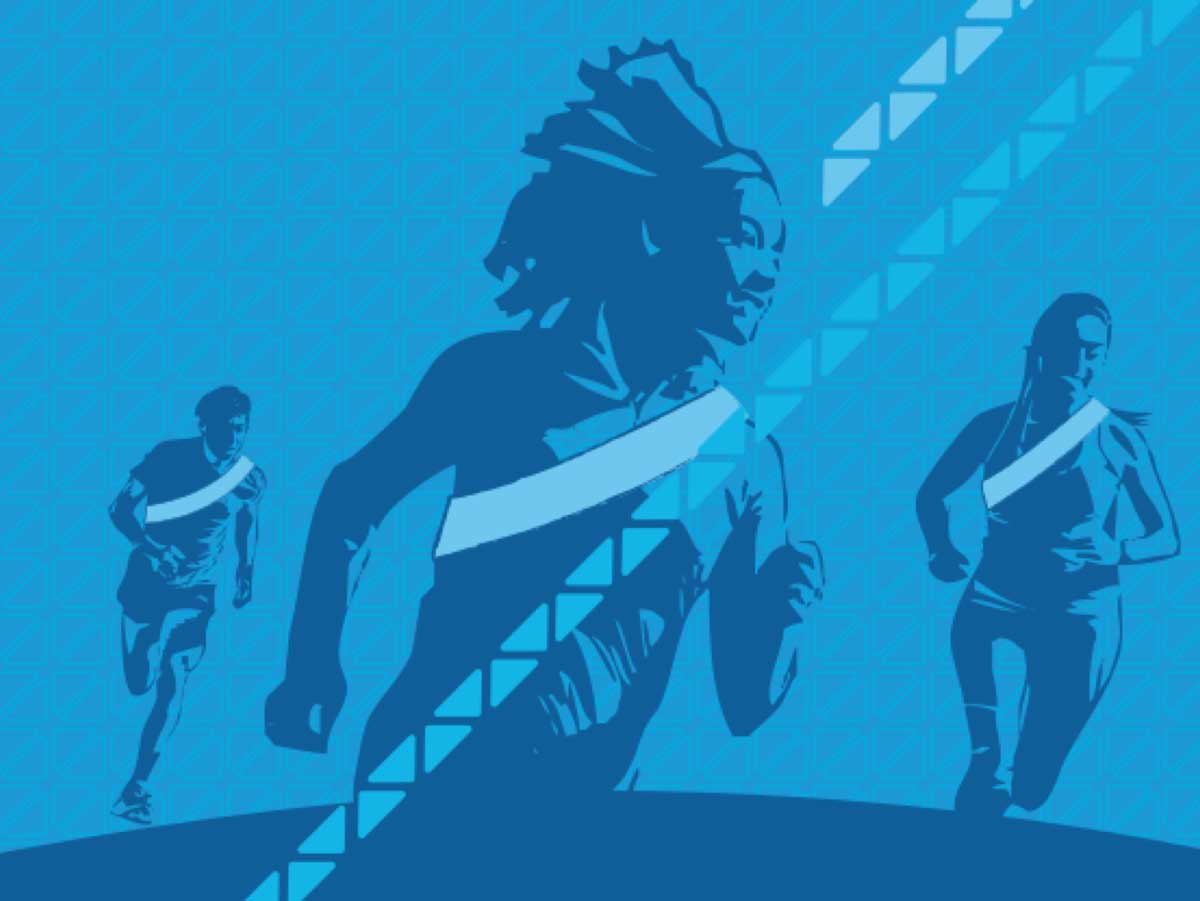 Blue artwork of people running