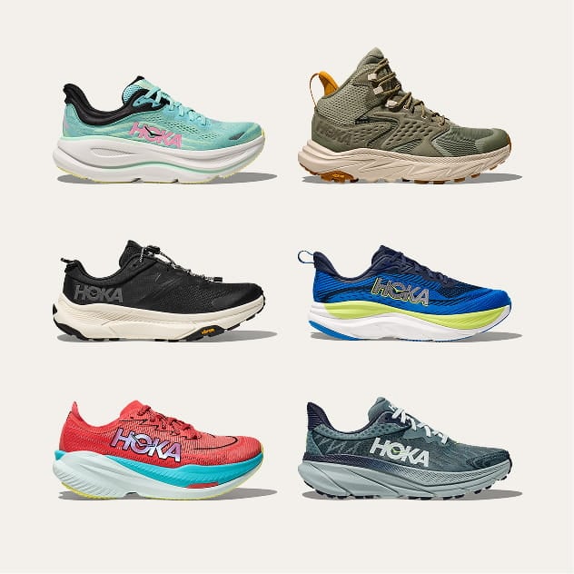 Affichage de 6 chaussures HOKA différentes.