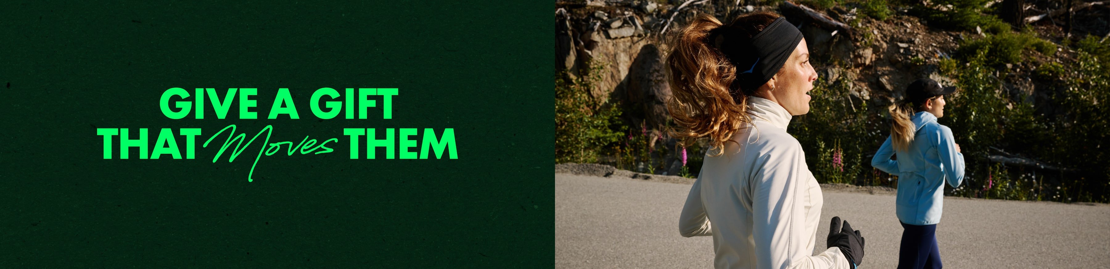 Texte du guide de cadeaux vert sur fond noir, avec des femmes qui courent sur sentier.