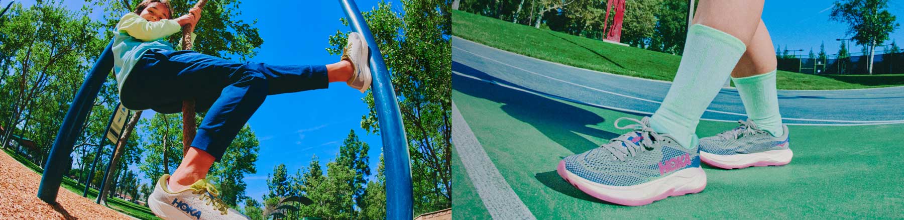Collage représentant des enfants sur une aire de jeux et portant des chaussures HOKA.