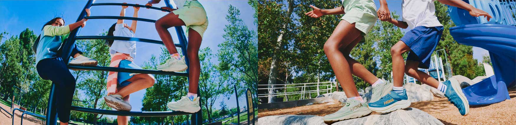 Collage d’enfants portant des chaussures Bondi sur une aire de jeux.