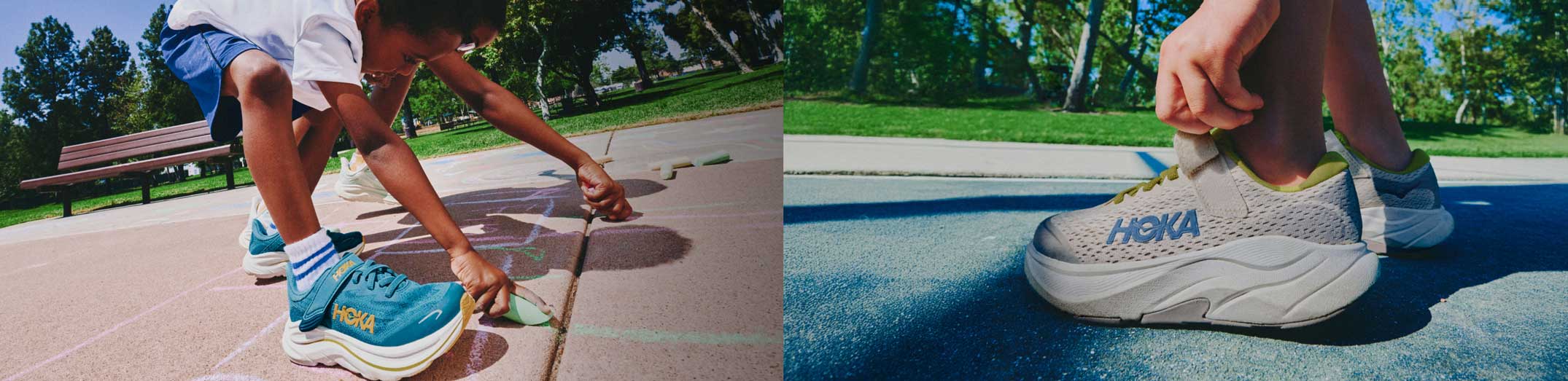 Collage représentant des enfants sur une aire de jeux et portant des chaussures HOKA.