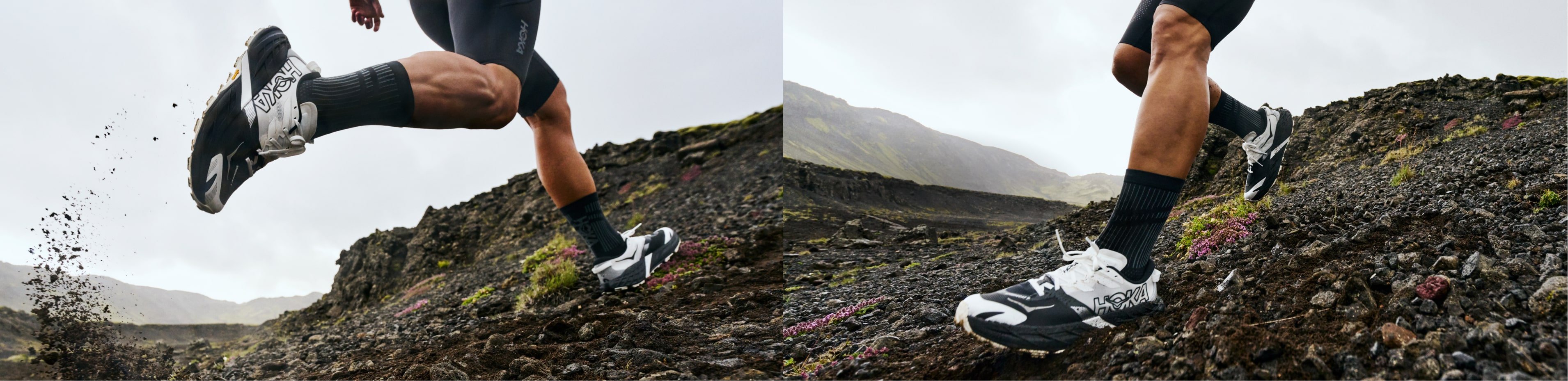 Collage d’images montrant les chaussures HOKA Speedgoat en gros plan et portées par les randonneurs sur le sentier.