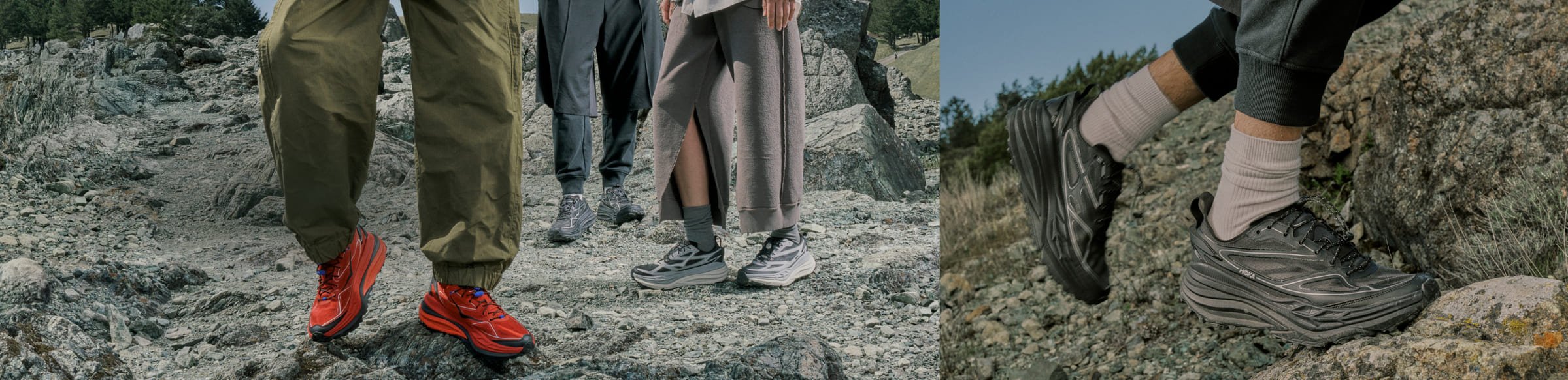 Gros plan de jambes des personnes en randonnée en chaussures Hoka