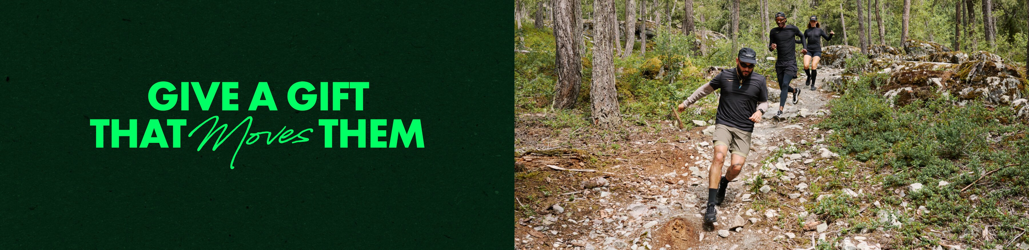 Un collage de personnes qui courent sur sentier et de la phrase « Offrez un cadeau qui les émeut ».